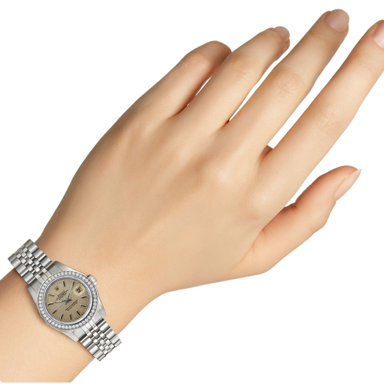 Rolex Datejust Damenuhr mit Diamant-Lünette und Zifferblatt aus Edelstahl mit Gobelin-Stick P2