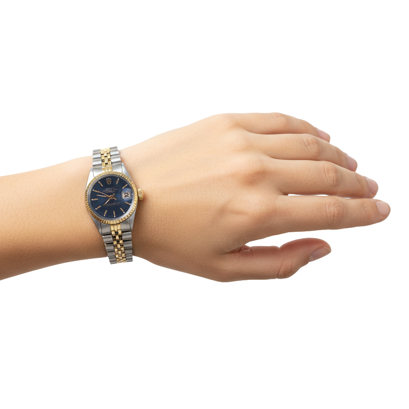 Rolex Datejust Damenuhr mit geriffelter Lünette, Jubilee-Armband, Edelstahl und Gold P2