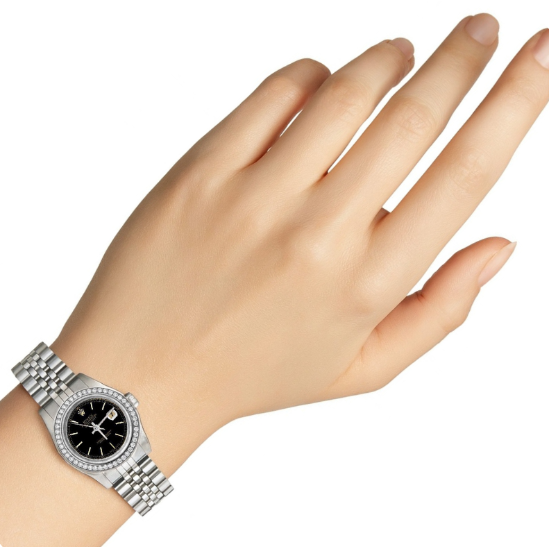 Rolex Datejust Damenuhr mit schwarzem Stick-Zifferblatt und Edelstahl-Jubiläumsarmband