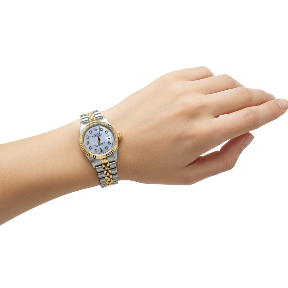 Rolex Datejust Damenuhr mit weißem Diamantzifferblatt, Edelstahl und Gelbgold P4