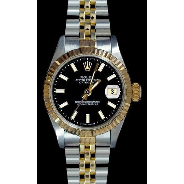 Rolex Datejust Damenuhr, schwarzes Stick-Zifferblatt, Edelstahl und goldenes Jubiläum