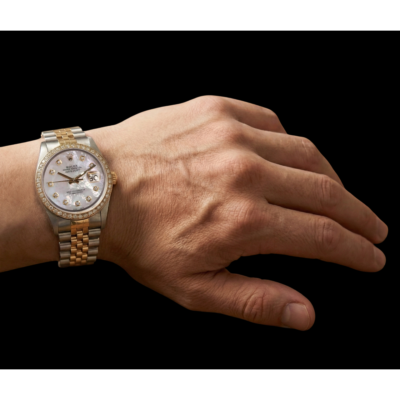 Rolex Datejust Herrenuhr, Perlmutt, Diamant-Zifferblatt, zweifarbig, Schnelleinstellung