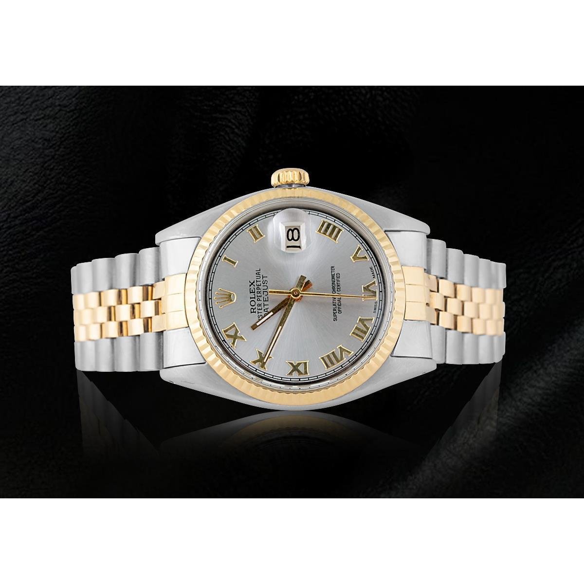 Rolex Datejust Herrenuhr mit grauem römischem Zifferblatt und geriffelter Lünette, zweifarbig, SCHNELLES SET