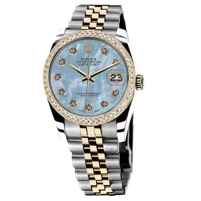 Rolex Datejust Herrenuhr, zweifarbige Diamantlünette, blaues Mop-Diamantzifferblatt, SCHNELLSET