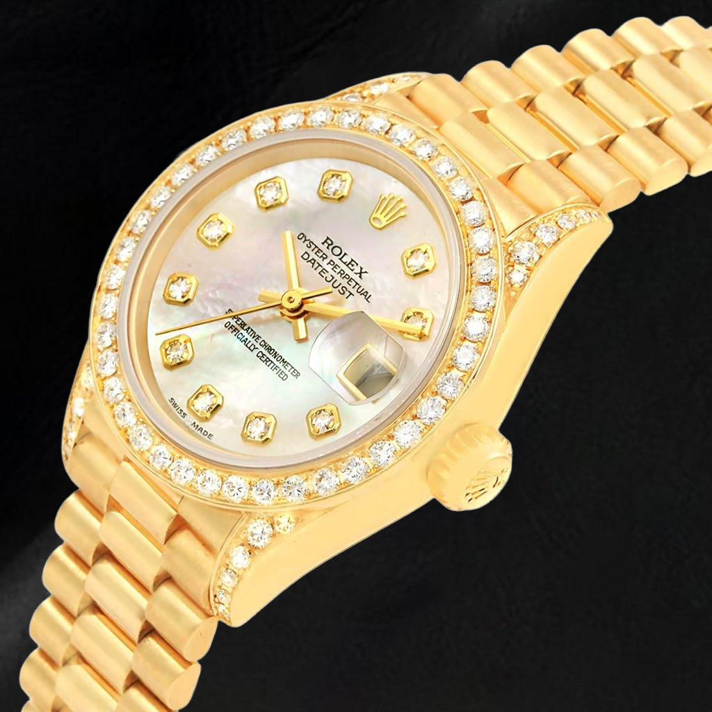 Rolex Datejust Jahr 2003 Weißes Perlmutt-Diamant-Zifferblatt 26 mm Gelbgold Damenuhr