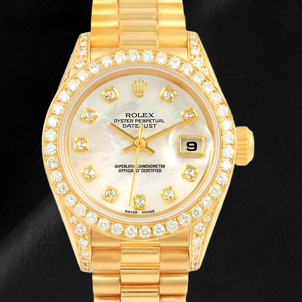 Rolex Datejust Jahr 2003 Weißes Perlmutt-Diamant-Zifferblatt 26 mm Gelbgold Damenuhr