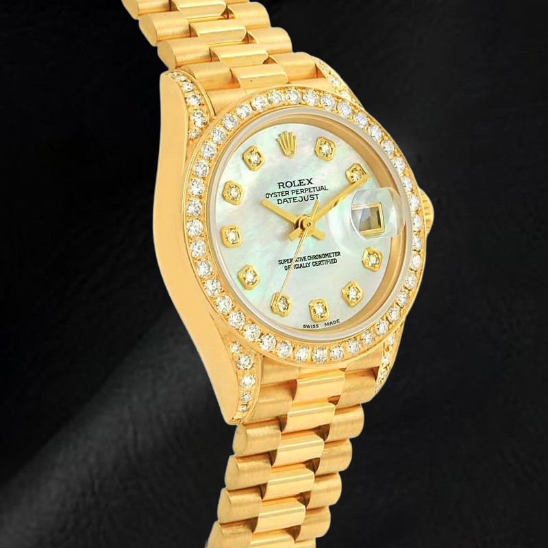 Rolex Datejust Jahr 2003 Weißes Perlmutt-Diamant-Zifferblatt 26 mm Gelbgold Damenuhr