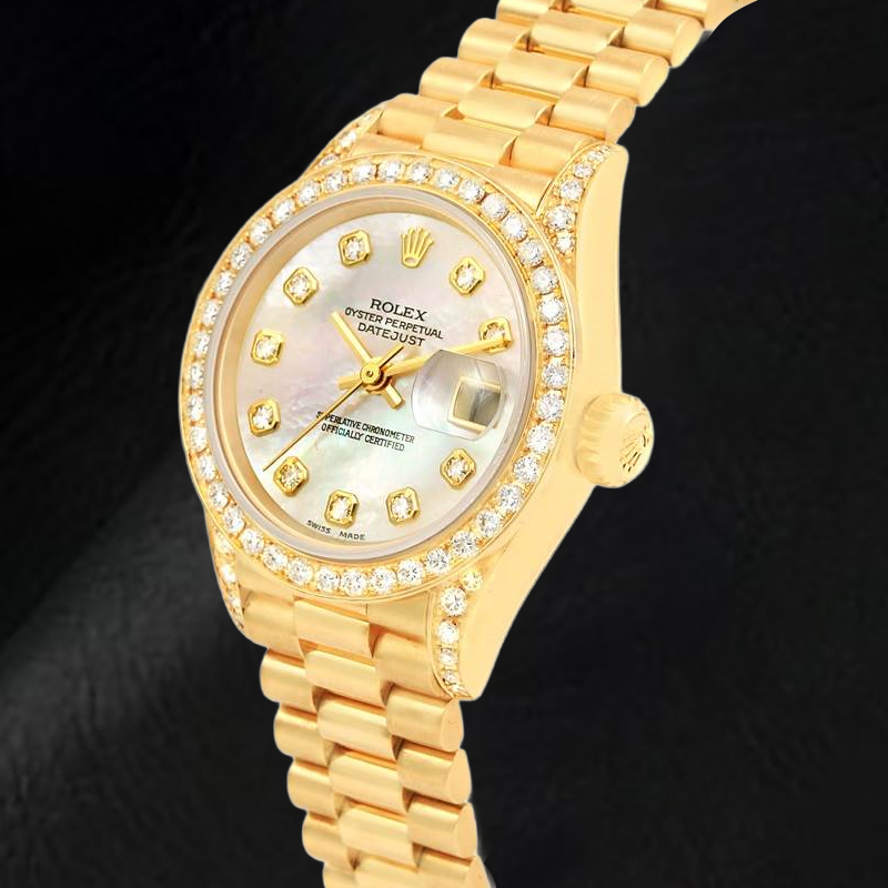 Rolex Datejust Jahr 2003 Weißes Perlmutt-Diamant-Zifferblatt 26 mm Gelbgold Damenuhr