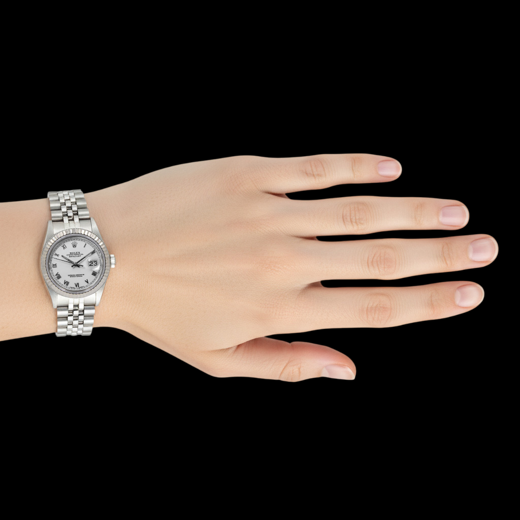 Rolex Datejust Midsize-Uhr, weißes römisches Zifferblatt aus Edelstahl P5