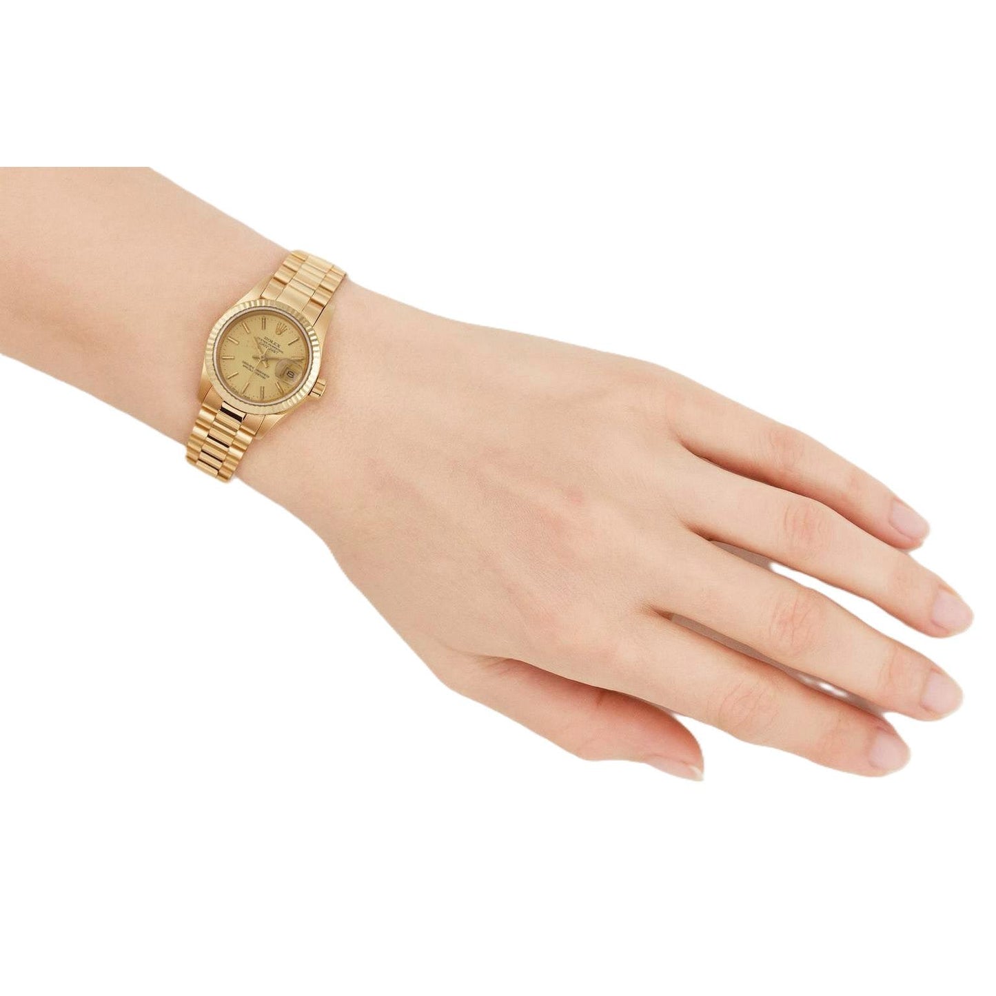 Rolex Datejust im Präsidentenstil, 26 mm, champagnerfarbenes Zifferblatt, Gelbgold, Damenuhr P4