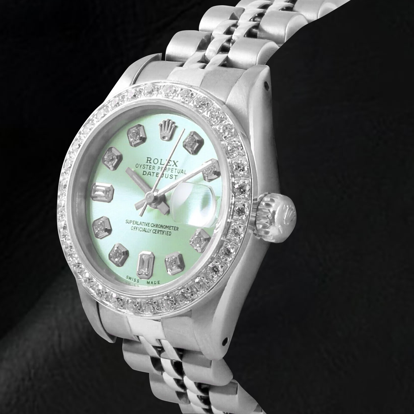 Rolex Datejust olivgrüne Baguette-Diamantuhr aus Edelstahl, 26 mm