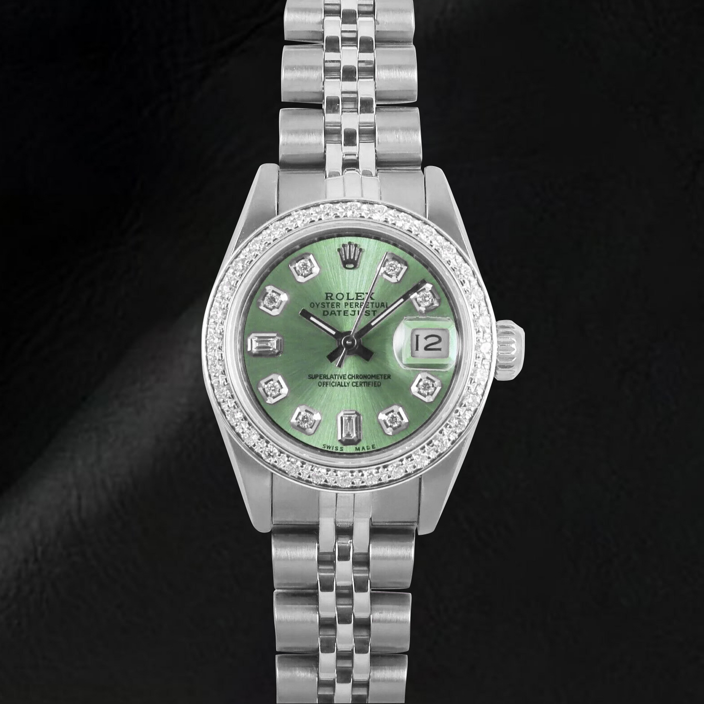 Rolex Datejust olivgrüne Baguette-Diamantuhr aus Edelstahl, 26 mm