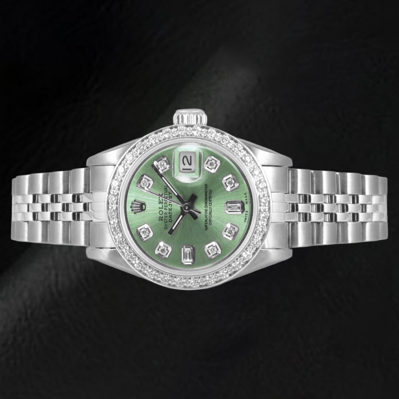 Rolex Datejust olivgrüne Baguette-Diamantuhr aus Edelstahl, 26 mm