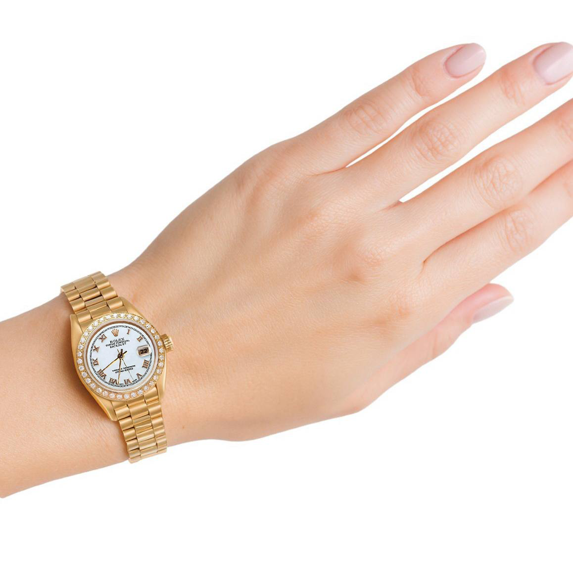 Rolex Datejust, weißes römisches Zifferblatt, Diamantlünette, Präsidentenstil, Gold