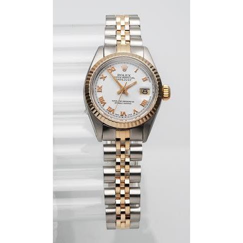 Rolex Dj Uhr mit römischem Zifferblatt, geriffelter Lünette, Edelstahl und goldenem Jubilee-Armband