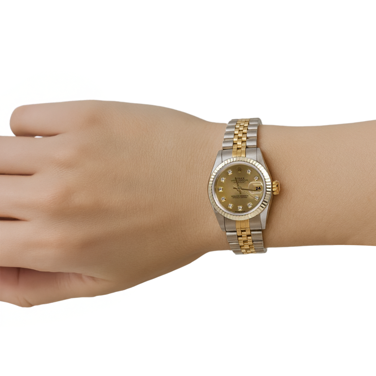 Rolex Edelstahl & Gold Datejust Damenuhr Champagner Diamant geriffelte Lünette P1