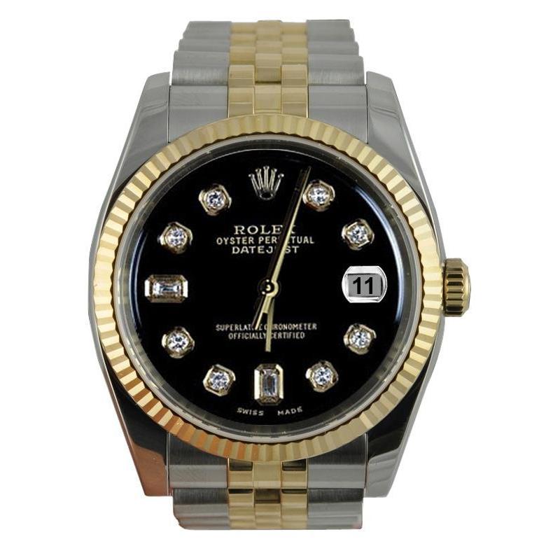 Rolex Edelstahl & Gold Jubilee Datejust Herrenuhr mit schwarzem Diamantzifferblatt