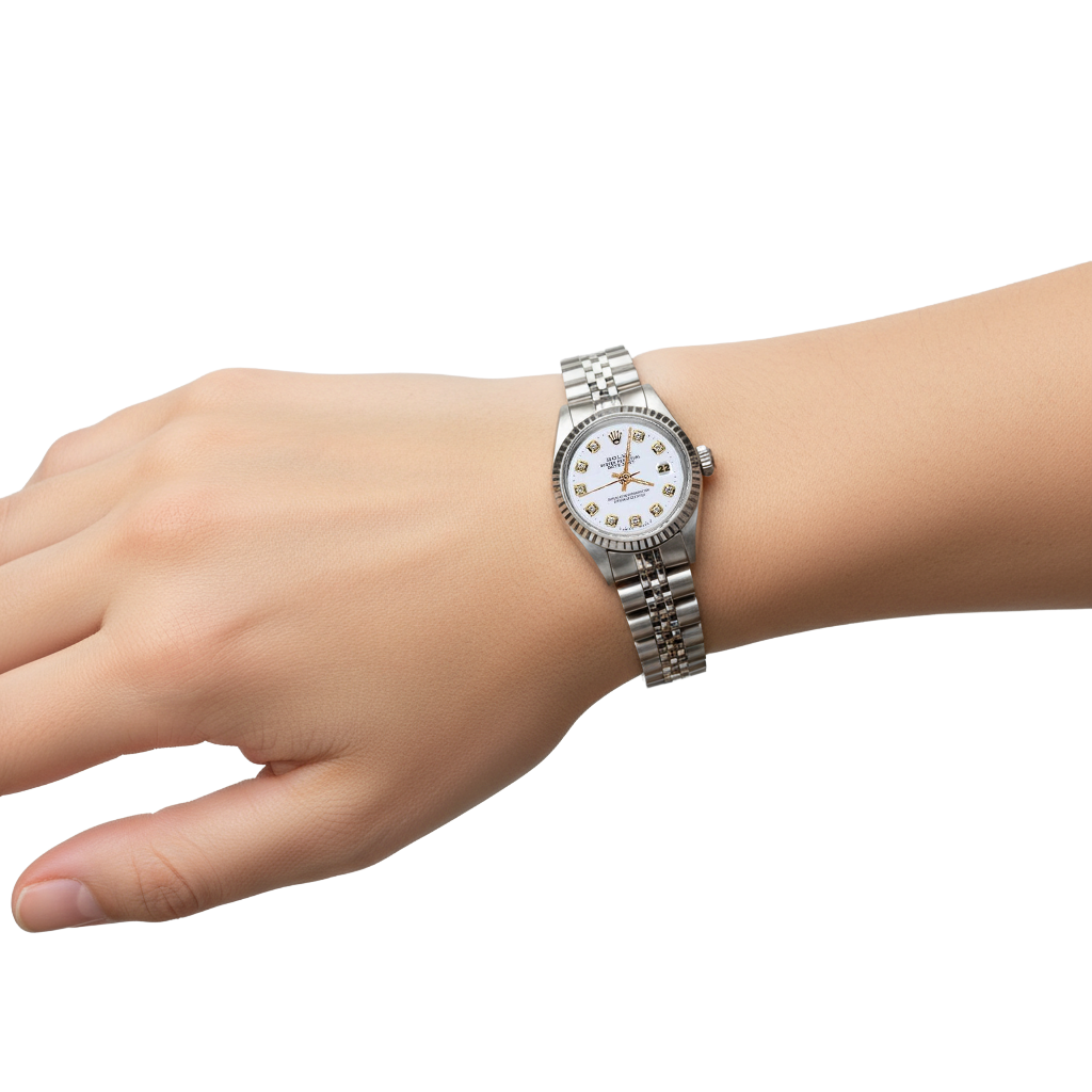 Rolex Ewig Datejust Damenuhr aus Edelstahl mit weißem Diamantzifferblatt P1