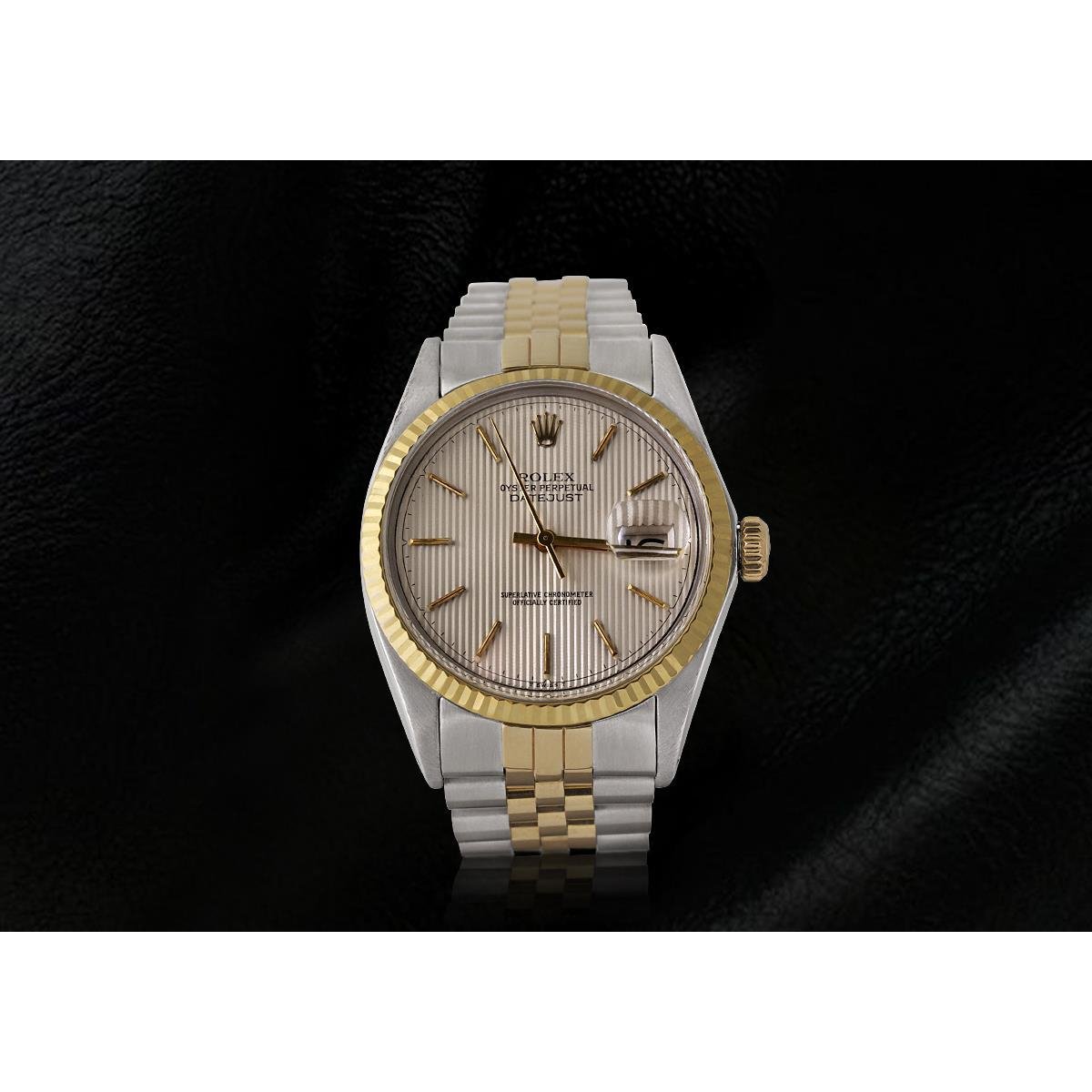 Rolex Herrenuhr, elfenbeinfarbenes Stick-Zifferblatt, Datejust, zweifarbig, Gold und Edelstahl, Schnelleinstellung