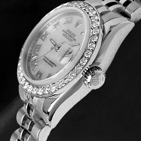 Rolex Lady-Datejust 26 mm weiße Perlmutt-Diamant-Stahl-Damenuhr