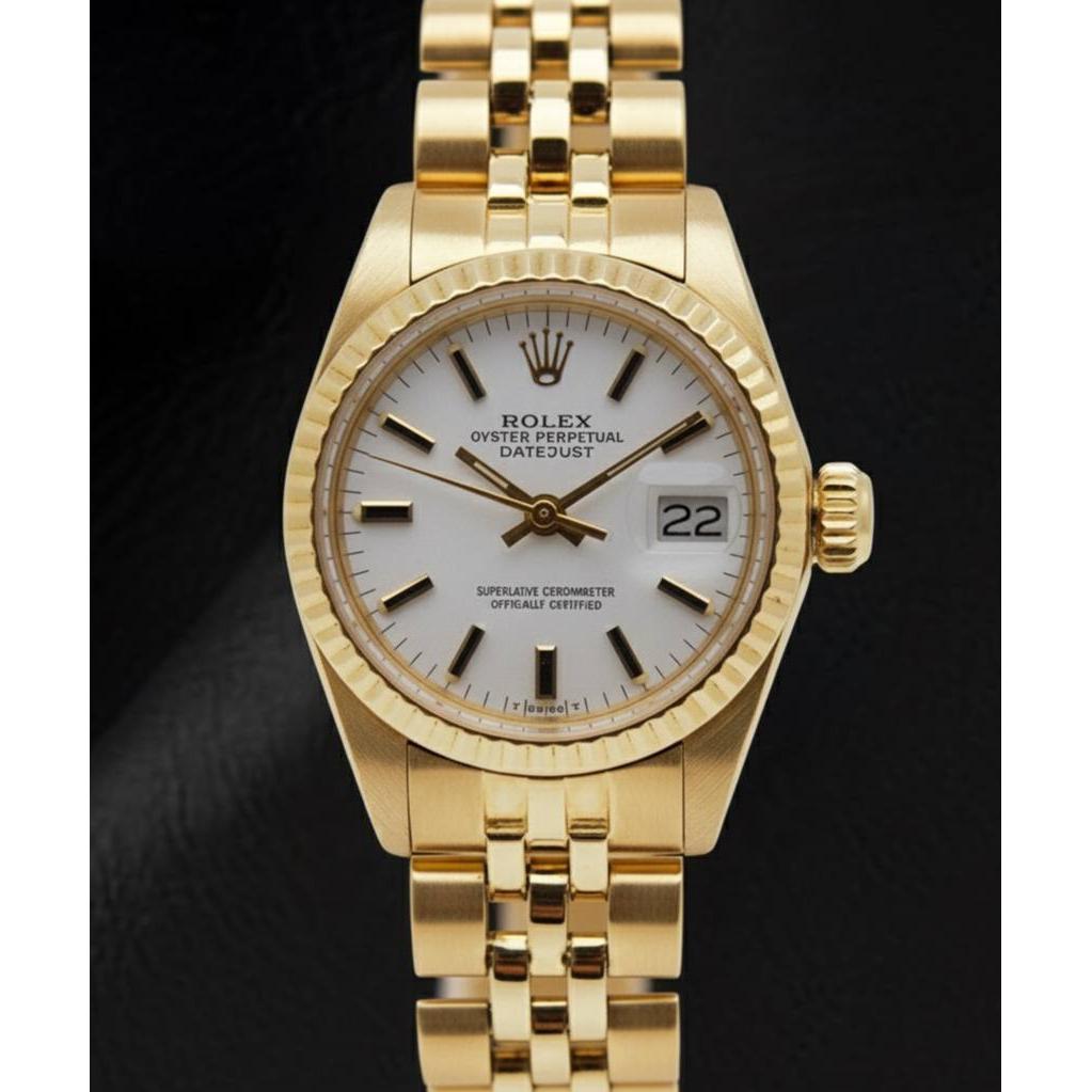 Rolex Lady-Datejust – Armbanduhr mit weißem Stabzifferblatt und Präsidenten-Stil und Gelbgold-Armband