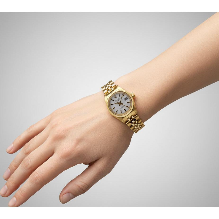 Rolex Lady-Datejust – Armbanduhr mit weißem Stabzifferblatt und Präsidenten-Stil und Gelbgold-Armband P4