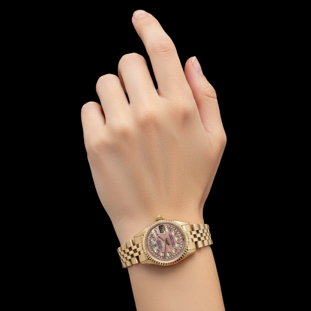 Rolex Lady Datejust Uhr mit rosa Perlmutt-Zifferblatt und Diamanten in Gelbgold P5