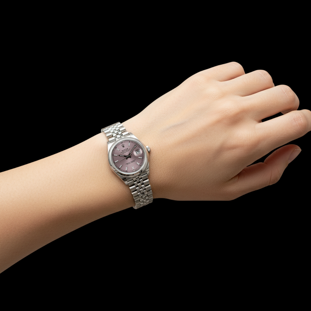 Rolex Mittelgroß Datejust Uhr, rosa Stick-Zifferblatt, Jubilee-Armband, Edelstahl P5