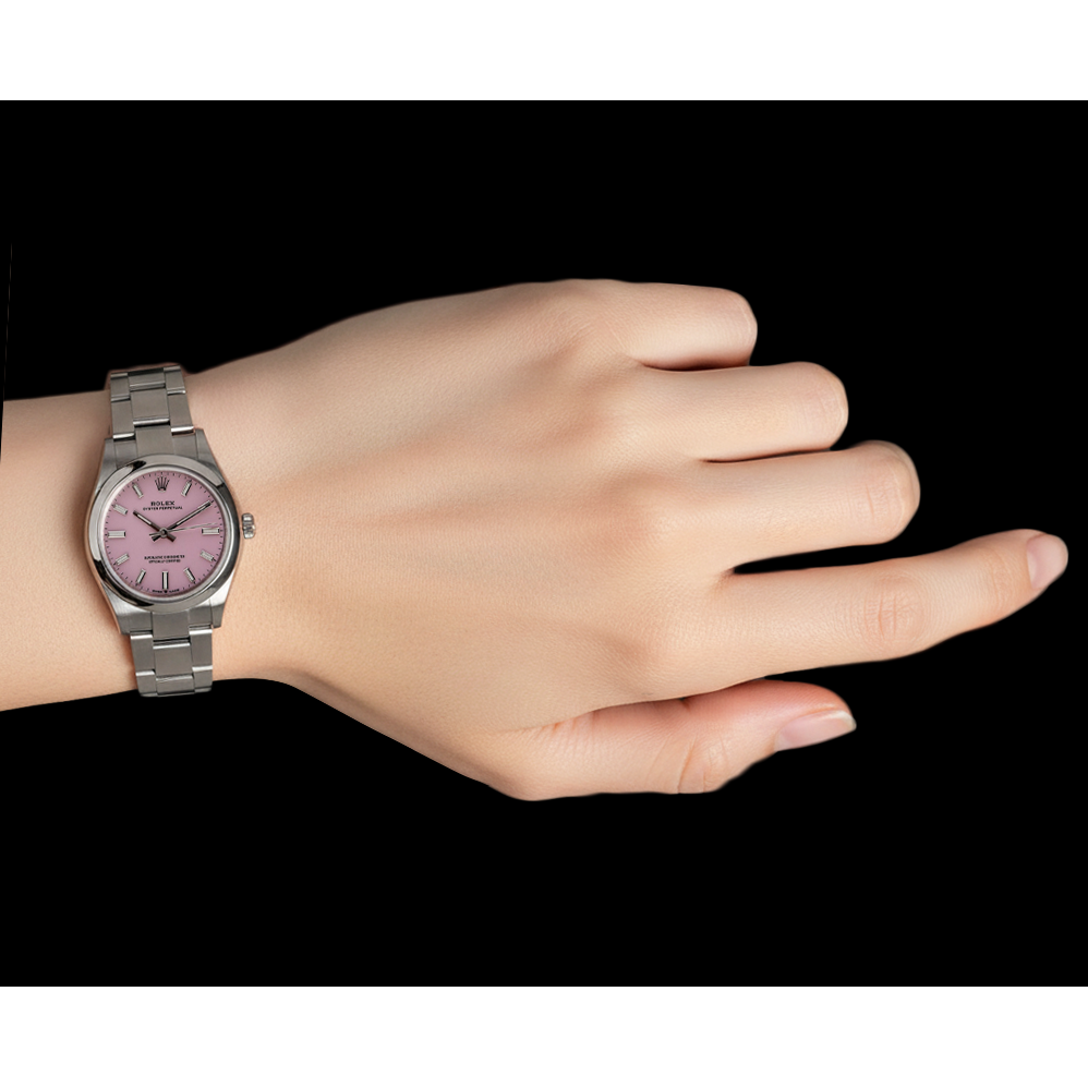 Rolex Oyster Perpetual 31 mm bonbonrosa Herrenuhr mit leuchtendem Zifferblatt aus Edelstahl P3