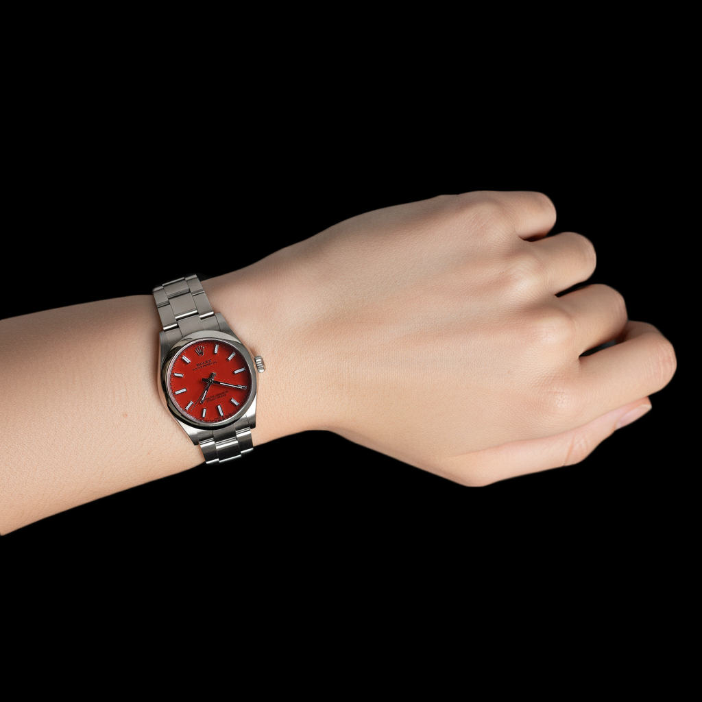 Rolex Oyster Perpetual Korallenrote Stahluhr mit leuchtendem Zifferblatt P3