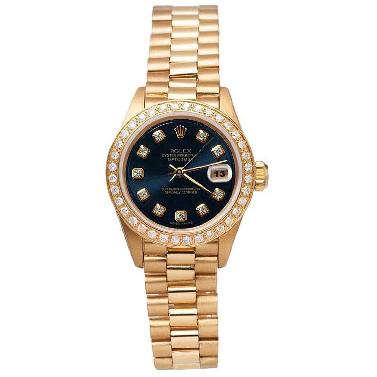 Rolex Prasidentenstil Uhr blaues Diamant Zifferblatt Lunette Datejust Gelbgold