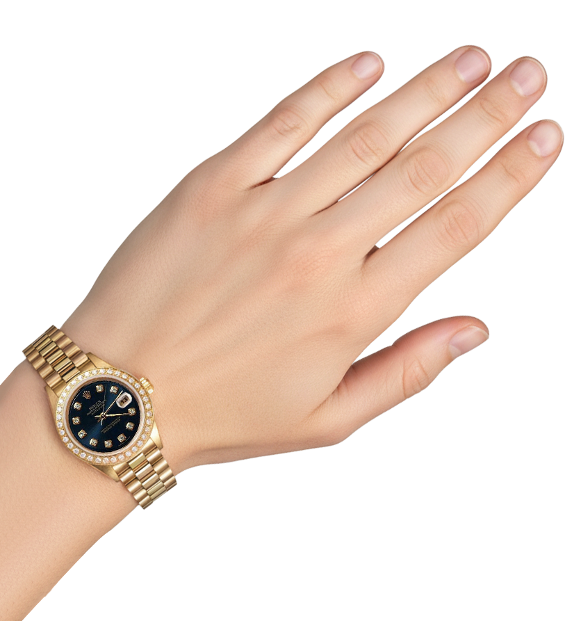 Rolex Präsidentenstil Uhr, blaues Diamant-Zifferblatt, Lünette, Datejust Gelbgold P2