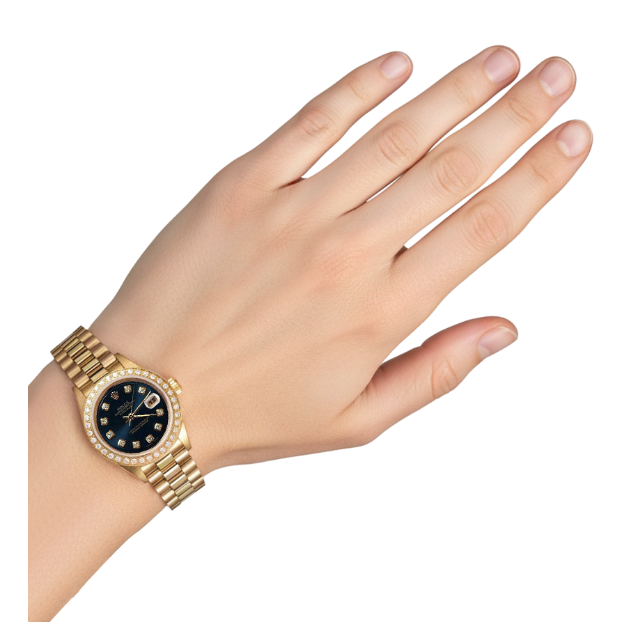 Rolex Präsidentenstil Uhr, blaues Diamant-Zifferblatt, Lünette, Datejust Gelbgold P2