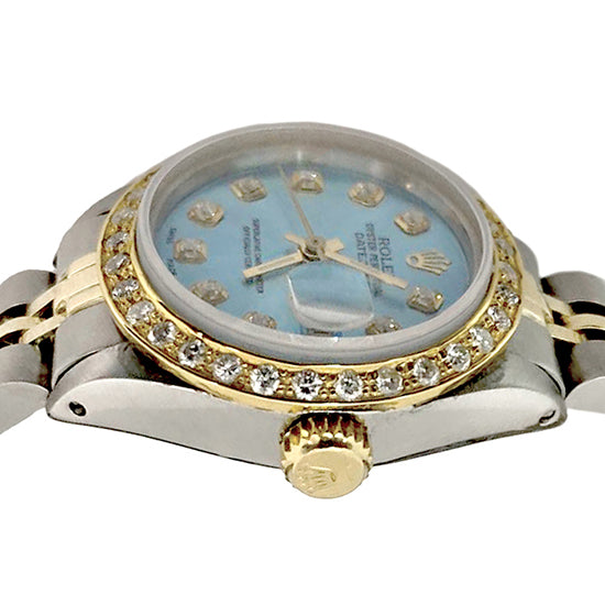 Rolex Damenuhr mit blauem Diamant-Zifferblatt und Lünette, nur Edelstahl und Gold