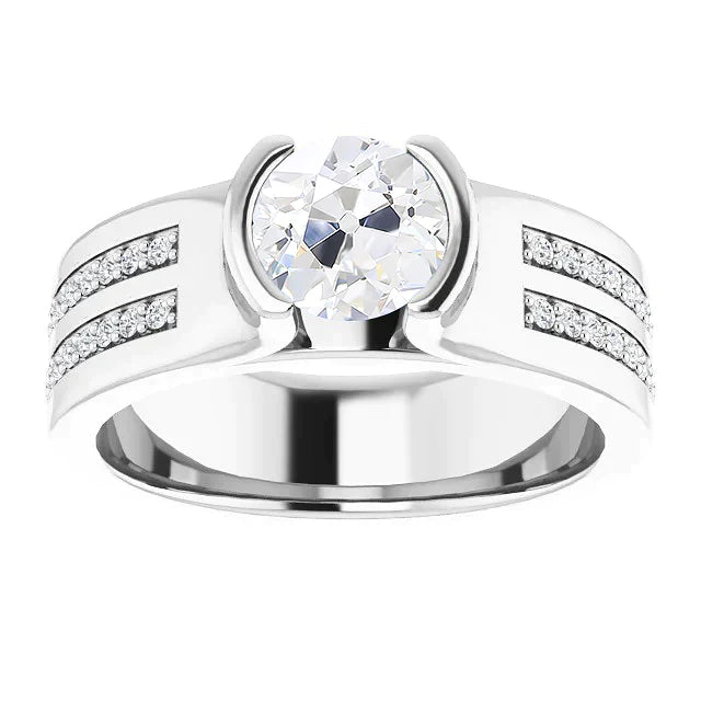 Runder Altschliff-Echt Diamantring mit halber Lünette Kanalset 3.50 Karat