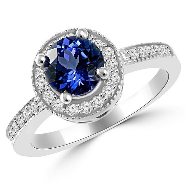 Runder Ceylon Saphir Halo Aus der Erde Abgebauter Natürlicher Diamant Ring Weißgold Schmuck 1.5 Kt.
