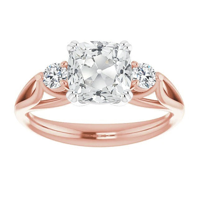 Runder & Kissen Altschliff Echt Diamant Ring mit 3 Steinen Doppelstift Set 7 Karat