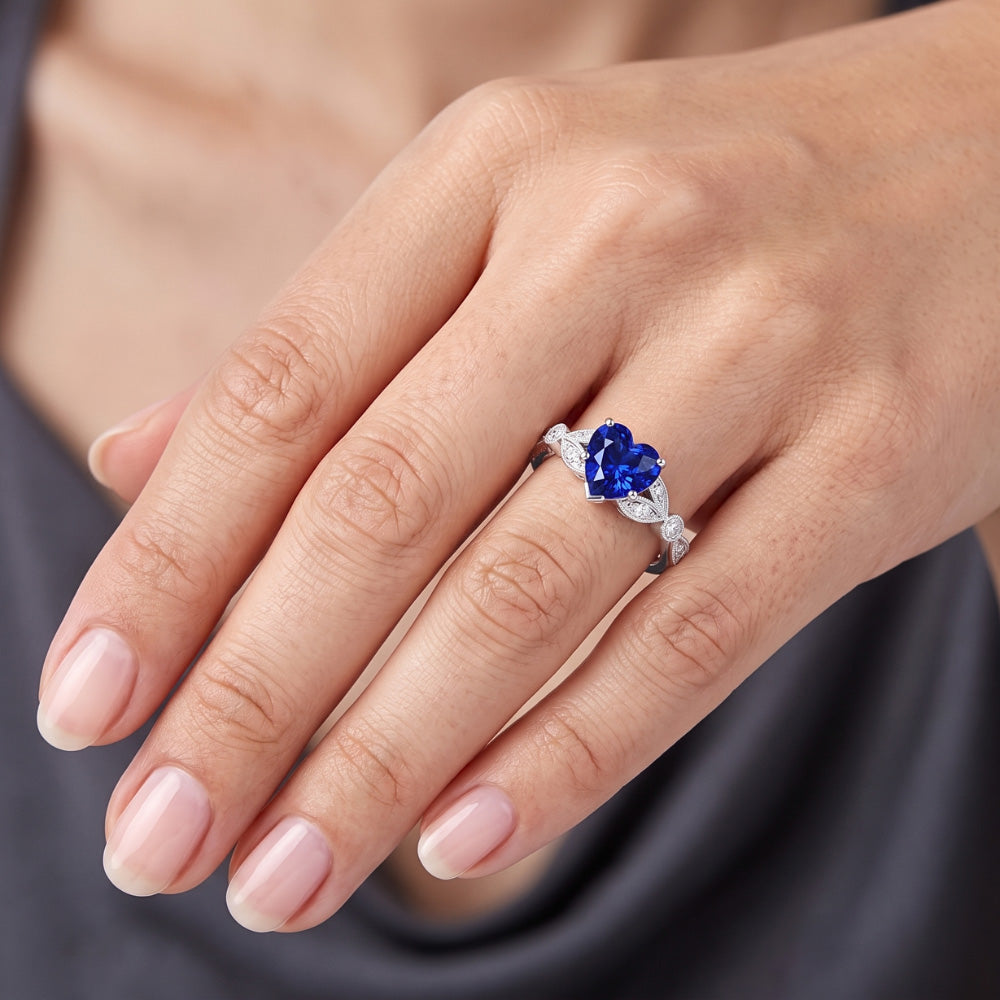 Runder Natürlicher Diamant ( nicht im Labor gezüchtet )-Tiefblauer Saphir-Ring 3 Karat Blatt-Stil Milgrain