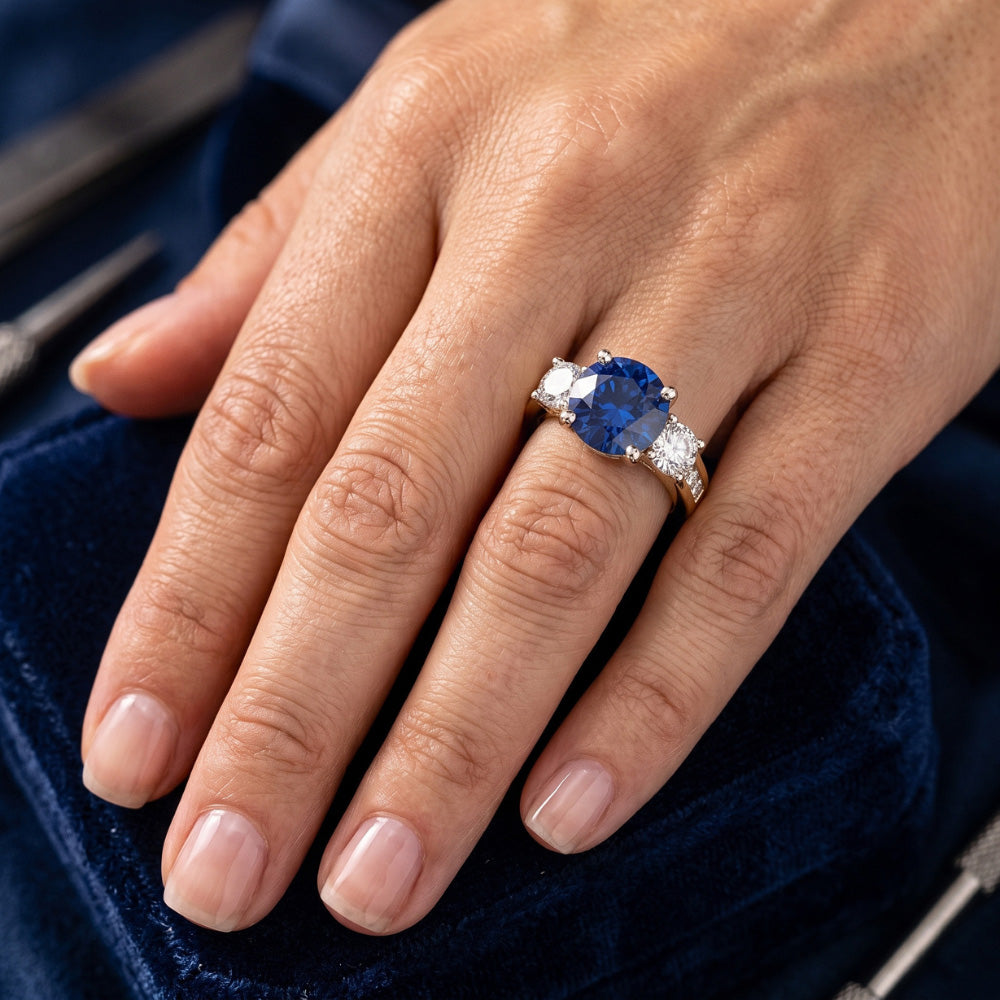Runder Saphir-Edelstein-Ring Channel Set Aus der Erde Abgebauter Natürlicher Diamanten 4 Karat