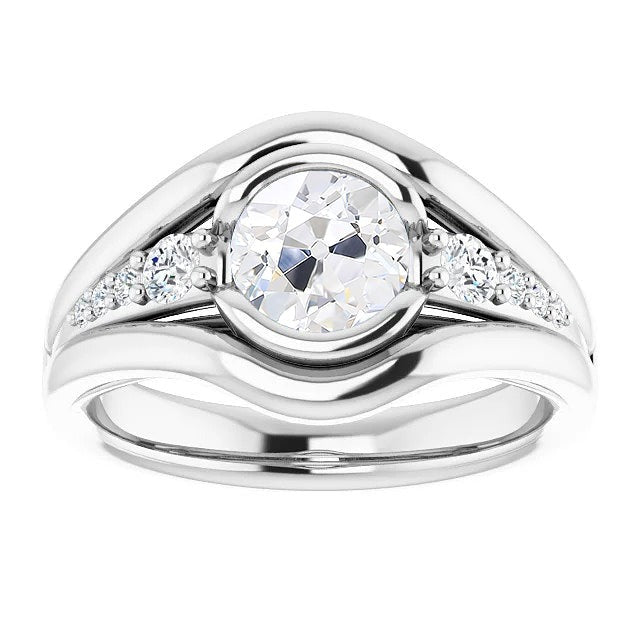 Runder alter Bergmann Echt Diamantring mit halber Lünette. 3.25 Karat Weißgold