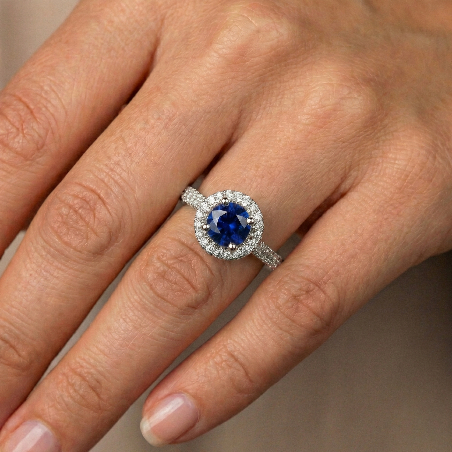 Runder Halo Ring Ceylon Saphir 3 Karat Mehrreihig Pave Set Natürlicher Diamant ( nicht im Labor gezüchtet )en