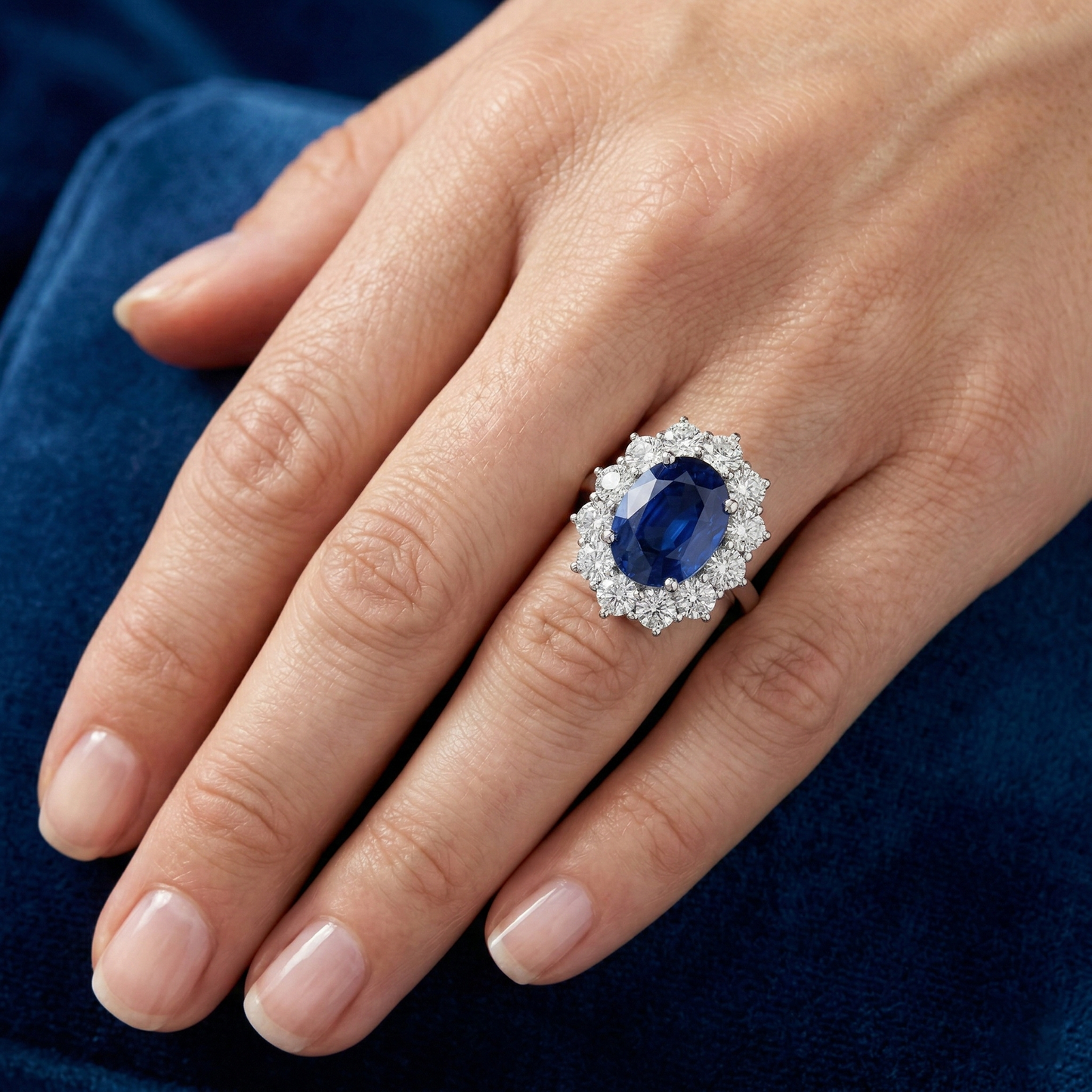 Runder und ovaler Ceylon Saphir 6 Karat Aus der Erde Abgebauter Natürlicher Diamantring Weißgold 14K