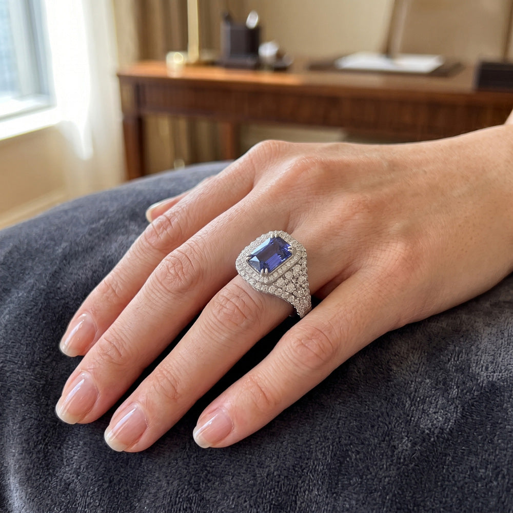 Saphir-Edelstein-Ring 4,50 Karat mehrreihig Pave Set Natürlicher Diamant ( nicht im Labor gezüchtet ) Shank