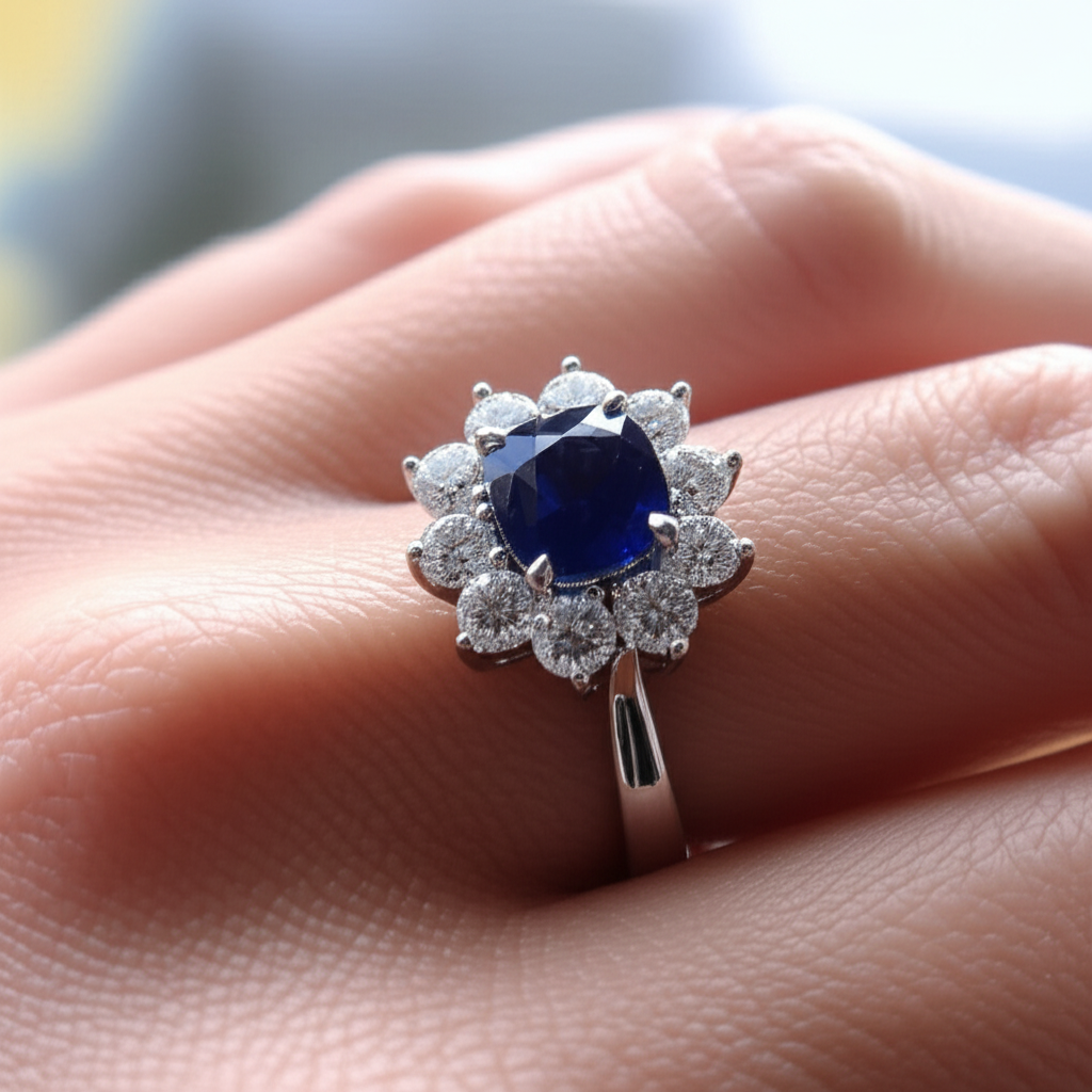 Saphir im Kissenschliff mit Aus der Erde Abgebauter Natürlicher Diamanten 3.50 ct Jubiläumsring Weiß