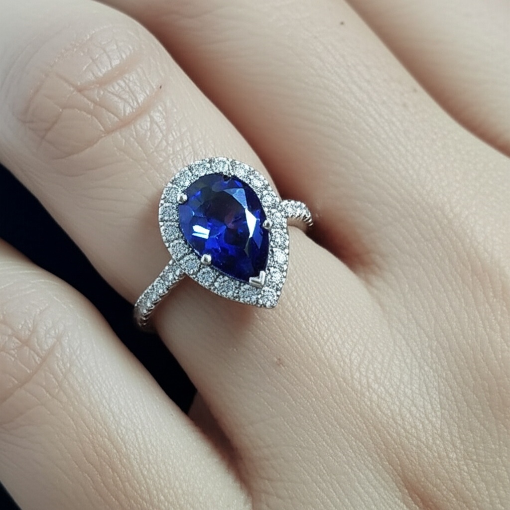 Saphir- und Aus der Erde Abgebauter Natürlicher Diamantring im Birnenschliff