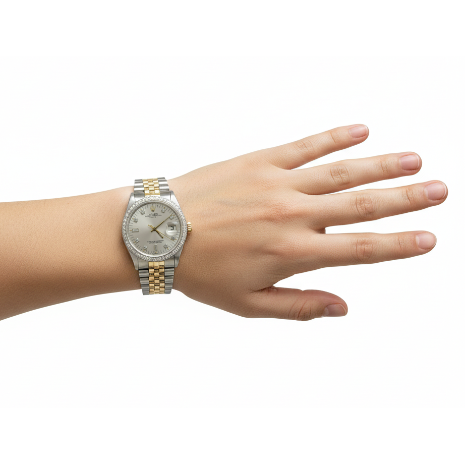 Silbernes Diamant-Zifferblatt mit Lünette, Rolex-Datums-Herrenuhr, Edelstahl-Jubiläumsarmband