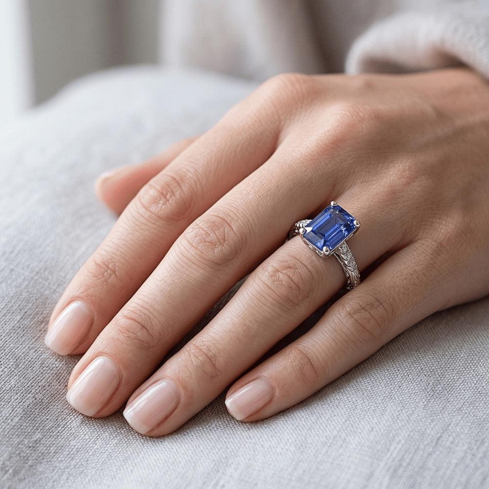 Smaragd-Edelstein mit Akzenten Ring Blauer Saphir & Aus der Erde Abgebauter Natürlicher Diamant 3,50 Karat