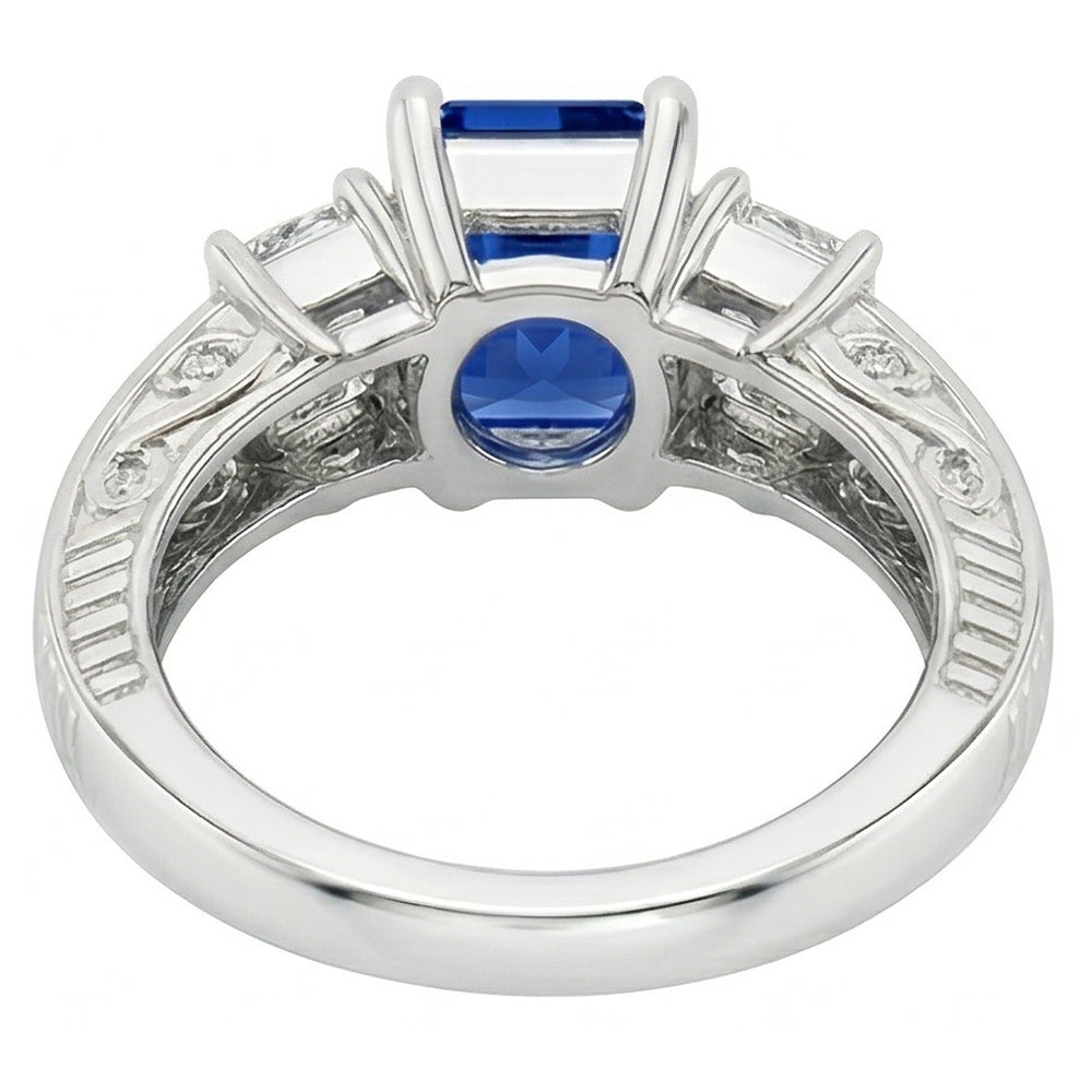 Smaragd-Natürlicher Diamant ( nicht im Labor gezüchtet )-Ring im Vintage-Stil 2 Karat blauer Saphir strahlende Form