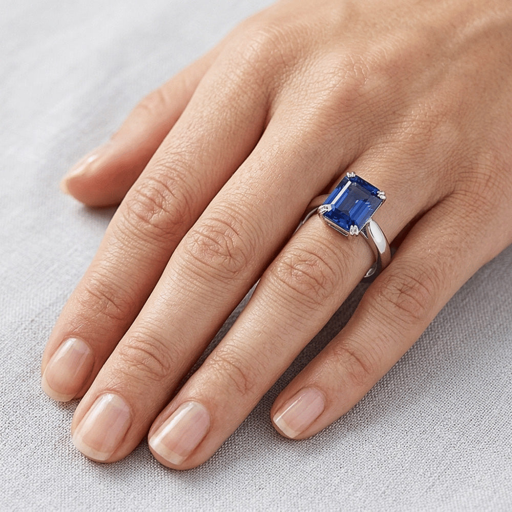 Smaragd-Solitär-blauer Saphir-Ring 3-Karat-Krappen-Set