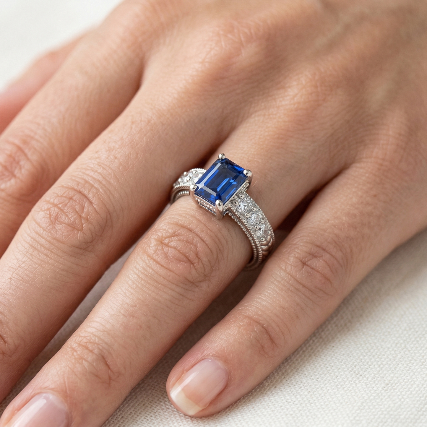 echter round saphir 2.10Karat ring auf Weiß